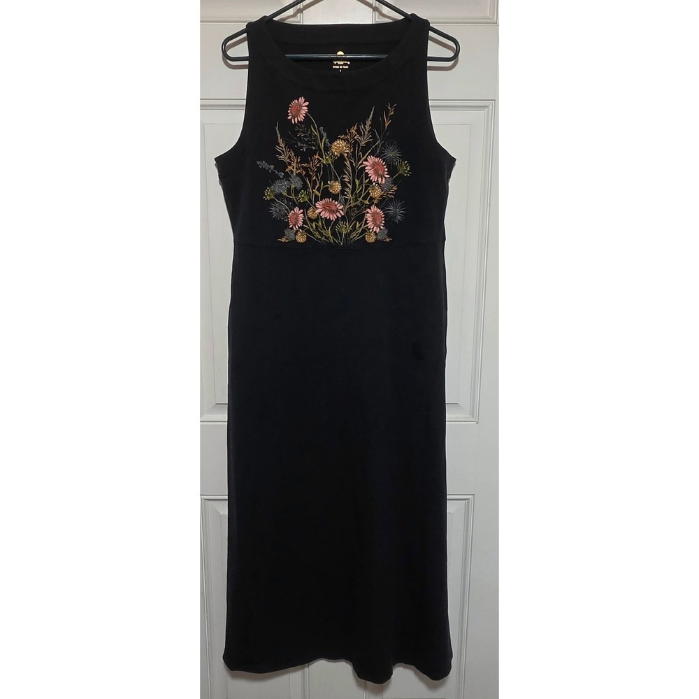 Spartina 449 Black Embroidered Wildflower Sleeveless Midi Dress Large Cotton